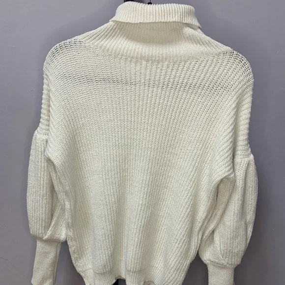 Hazel & Olive Women’s Turtle Neck Balloon Sleeves White Stretchy Sweater - Picture 2 of 6